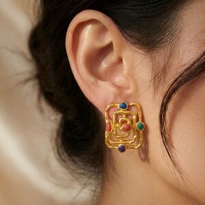 Vintage gold-toned square stud earrings with multi-colored cabochons